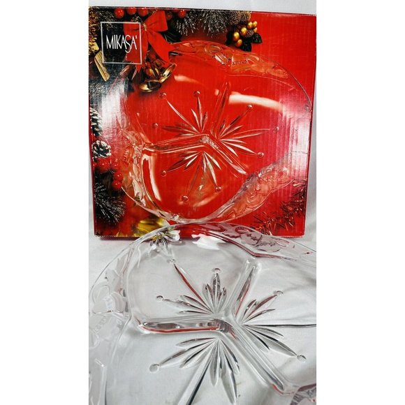 MIKASA 12 inch Divided Server Dish Clear Crystal Thick Glass Christmas Tidings - Picture 1 of 10
